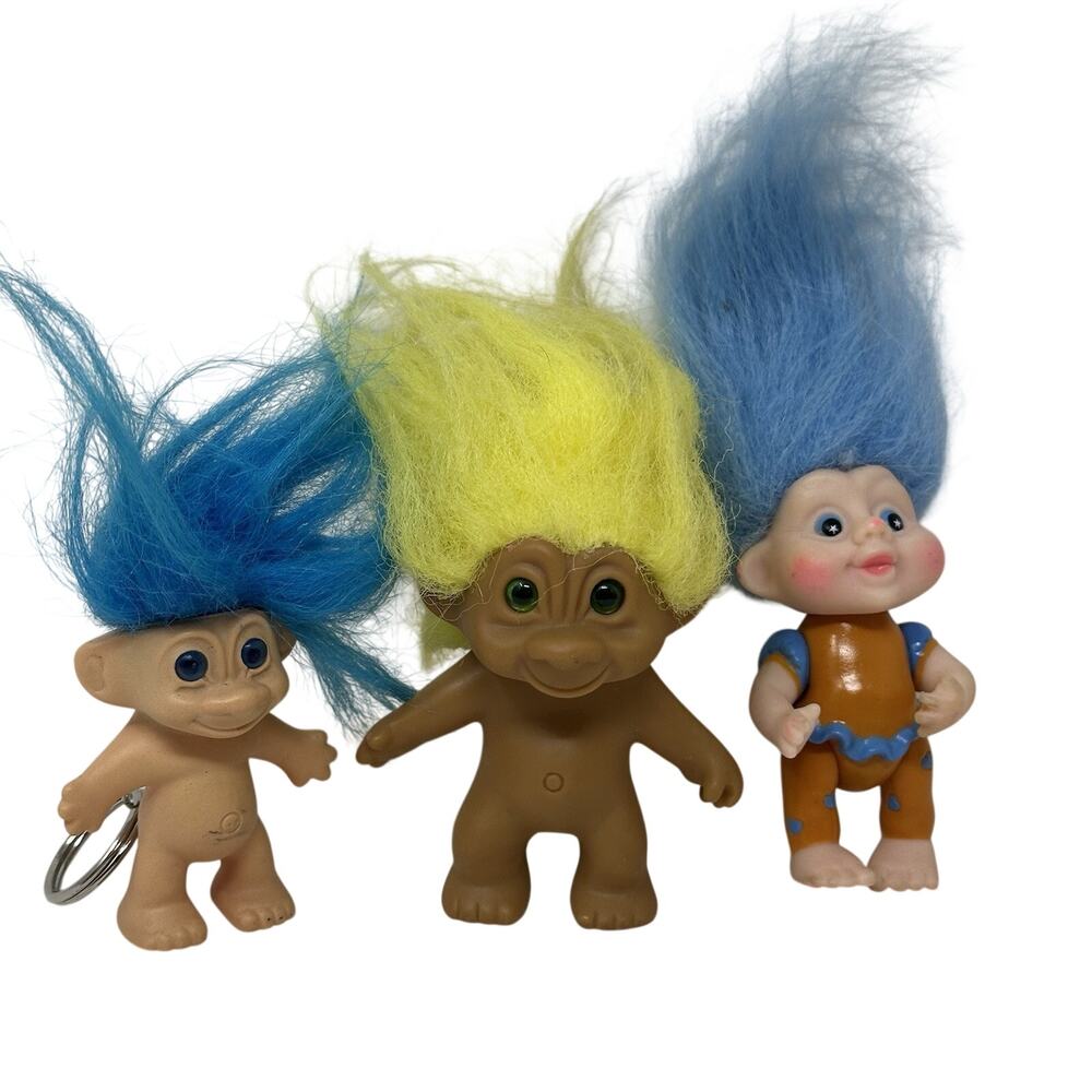 Vintage 3” Troll, Troll Keychain & Clown Troll - Yellow & Blue Hair
